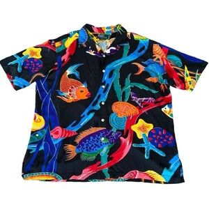 Vintage Polo Ralph Lauren Caldwell Koi Fish Button Down Tropical XL Viscose FLAW